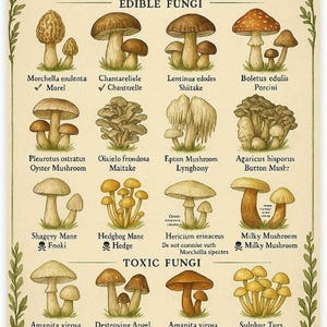 Mushroom Identification Chart, Edible & Toxic Fungi Poster, Wild Mushroom Guide, Botanical Wall Art, Nature Education Print