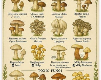 Mushroom Identification Chart, Edible & Toxic Fungi Poster, Wild Mushroom Guide, Botanical Wall Art, Nature Education Print
