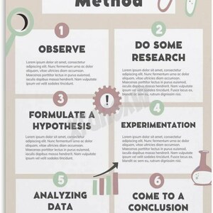 Pu&ograve; includere: Un poster educativo beige intitolato Scientific Method che presenta sei passaggi numerati: Observe, Do Some Research, Formulate a Hypothesis, Experimentation, Analyzing Data e Come to a Conclusion, illustrato con icone scientifiche.