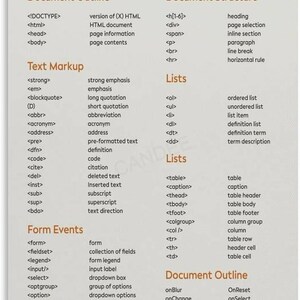 May include: An HTML CHEATSHEET reference guide printed on a light grey background with orange headings. It lists various HTML tags and their functions, categorised into sections including Document Outline, Text Markup, Lists, and Form Events.