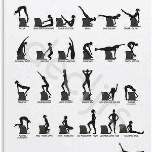 Pilates Wunda Chair Exercises Poster, Home Fitness Guide, Studio Wall Art Print