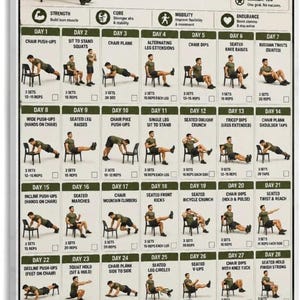 May include: A 28-day military chair workout challenge poster featuring a grid of daily exercise illustrations with text instructions, rep counts, and checkboxes. The design includes a header, fitness tips, and a progress tracker for tracking daily goals.