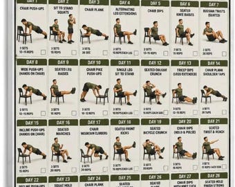28-Day Military Chair Workout Challenge Poster, Chair Exercise Plan, Home Fitness Training Wall Art