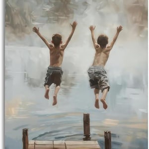 Vintage Childhood Lake Jumping Canvas Art, Nostalgic Summer Dock Painting, Rustic Lake House Decor