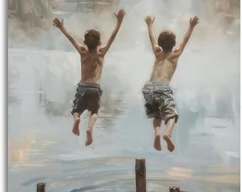 Vintage Childhood Lake Jumping Canvas Art, Nostalgic Summer Dock Painting, Rustic Lake House Decor