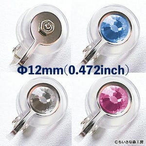 May include: Four clear, round earring clips with different colored crystal centers: blue, clear, and pink. Each clip has a silver-colored metal handle and a clear plastic backing. The text "Φ12mm(0.472inch)" is visible.
