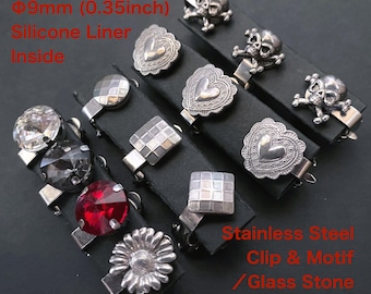 Clip-on keloïde compressieoorbel: roestvrij staal, verstelbare druk, 9 mm kussentje, handgemaakt in Japan