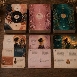 May include: Three decks of oracle cards with floral and celestial designs in black, pink, and teal, alongside three open cards displaying illustrations of people, text including The Mask, Speak Your Truth, and Show Up Fully, and crystal icons.