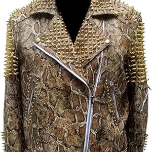 Nieuwe herenjas van kunstmatig pythonleer met gouden spikes, gothic rocker, motorrijder, punkstijl, rundleer