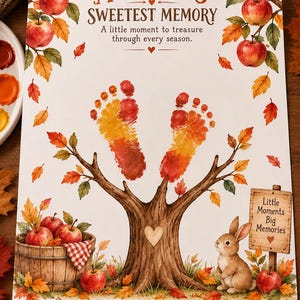 May include: A white paper print titled Autumn's Sweetest Memory with the subtitle A little moment to treasure through every season. It features a tree trunk with two colorful baby footprints, a rabbit, apple branches, and a basket. The name Mia is written at the bottom, and a sign reads Little Moments Big Memories.