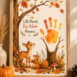 Può includere: Una stampa artistica incorniciata con un'illustrazione ad acquerello di un cerbiatto e uno scoiattolo in un bosco autunnale. Il testo recita Little Moments, Big Autumn Memories. Una grande impronta colorata in toni arancio e giallo sopra un ceppo.