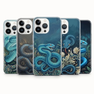 May include: A collection of five smartphone cases featuring various blue snake illustrations. Each case displays a different artistic depiction of a serpent coiled among stylised foliage, flowers, and intricate patterns in shades of blue, teal, and cream.