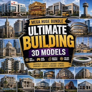 Puede incluir: Un gráfico digital que presenta el texto MEGA HUGE BUNDLE ULTIMATE BUILDING 3D MODELS rodeado por un collage de diversas estructuras arquitectónicas, incluyendo un hospital, casino, escuela, torre, iglesia, centro comercial y estadio.