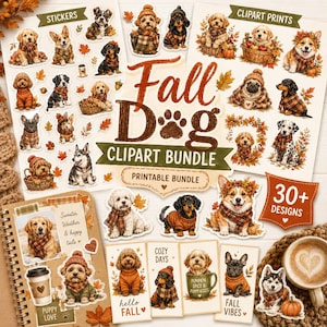 May include: A digital clipart bundle featuring over 30 illustrations of dogs wearing sweaters and scarves, surrounded by autumn leaves and pumpkins. The text reads Fall Dog Clipart Bundle, Printable Bundle, 30+ Designs, Sweater Weather & happy tails, Puppy Love, hello FALL, COZY DAYS, PUMPKIN SPICE & PUPPY KISSES, and FALL VIBES.