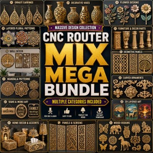 May include: A digital collection of CNC router design files featuring categories like ornate earrings, decorative vases, flower designs, layered floral patterns, furniture parts, wall decor, geometric panels, mandala patterns, carved ornaments, signs, 3D layered art, home decor, panels, and mixed designs.