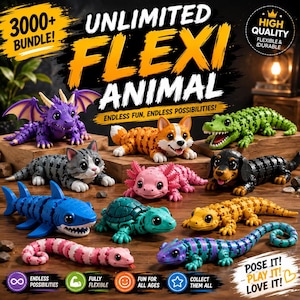 May include: A collection of articulated plastic animal figures including a purple dragon, orange fox, green crocodile, gray cat, pink axolotl, black dog, blue shark, teal turtle, yellow lizard, pink snake, and a blue lizard with text reading UNLIMITED FLEXI ANIMAL.