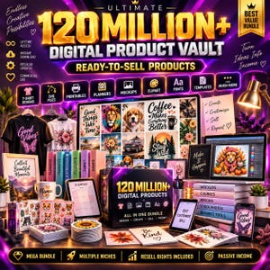 May include: A digital product bundle advertisement featuring the text 120 MILLION+ DIGITAL PRODUCT VAULT. The display includes various mockups of t-shirts, mugs, planners, and digital art files on screens, showcasing diverse graphic designs and templates.