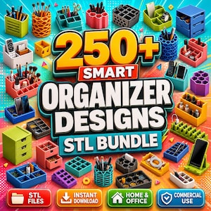 Puede incluir: Una colección digital de más de 250 diseños de organizadores inteligentes en un paquete STL, que incluye varios organizadores de escritorio impresos en 3D, portalápices, cajones de almacenamiento pequeños y soportes para teléfonos en azul, verde, rosa y amarillo.