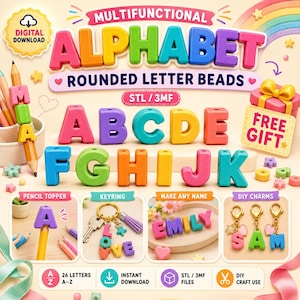 May include: A digital download file for 3D printing featuring rounded alphabet letter beads in various colors. Includes STL and 3MF files for creating pencil toppers, keyrings, name tags, and charms. The design displays letters A through K.