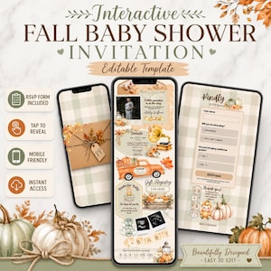May include: An interactive fall baby shower invitation template displayed on three smartphones. The design features autumn-themed graphics including pumpkins, leaves, and a truck, with text fields for event details, RSVP forms, and gift registry links.