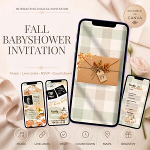 Puede incluir: Una plantilla de invitación digital interactiva para baby shower en Canva con temas de otoño. La pantalla muestra dispositivos móviles con gráficos estacionales, un sobre con hojas, imágenes de ultrasonido y formularios de confirmación de asistencia.