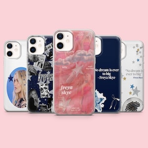 Könnte beinhalten: Fünf transparente Smartphone-Hüllen mit verschiedenen Designs: eine mit Porträt in blauem Kreis, eine mit dunkelblauem Collage-Druck, eine mit rosa Ästhetik-Collage inklusive Eiffelturm, eine dunkelblaue mit Text und eine weiße mit Sternen und Discokugel.