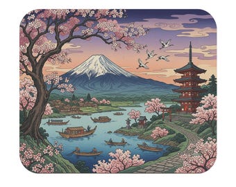 Landschap Kersenbloesem Muismat | Mount Fuji, pagode, boten