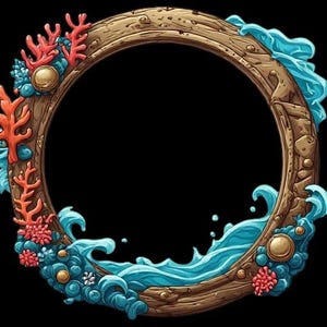 Puede incluir: Un marco circular con un acabado de grano de madera marrón texturizado, decorado con ramas de coral rojo vibrante, olas de mar azules y pequeñas esferas doradas. El diseño presenta un centro hueco sobre un fondo negro sólido.