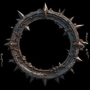 May include: A circular, dark metallic collar featuring prominent, sharp, triangular spikes extending outwards along the perimeter. The surface displays a weathered, textured finish with small, thin chain links attached to the sides of the ring.