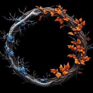 May include: A circular wreath constructed from twisted brown branches. One side features vibrant orange autumn leaves, while the opposite side displays bare, frost-covered branches accented with clusters of small, bright blue berries.