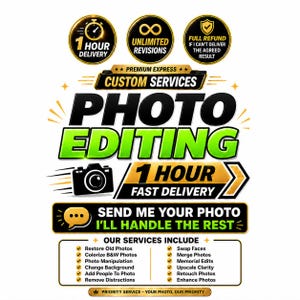 May include: A digital graphic for custom photo editing services featuring bold black and green text that reads PHOTO EDITING. It includes icons for 1 hour delivery, unlimited revisions, and a list of services like restore, colorize, and retouch photos.