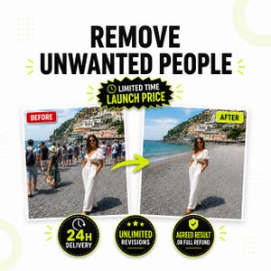 May include: A digital service advertisement titled REMOVE UNWANTED PEOPLE featuring a before and after comparison of a beach photograph. The image shows a person in a white jumpsuit on a beach, with other people removed in the after version.