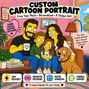 Op de afbeelding: Een aangepaste cartoonportretillustratie van een gezin van vier met een gele huid die op een bank zit met een golden retriever. De tekst luidt CUSTOM CARTOON PORTRAIT, SAME PEOPLE HAPPIER CARTOONS, BETTER TOGETHER en FAMILY GOOD DAYS BRIGHTER TOMORROW.