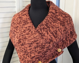 Hand knit wool and alpaca blend yarn scarf wrap shawl cowl thick herringbone wood buttons