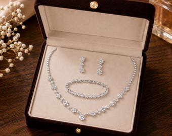 Crystal Bridal Jewelry Set, Silver Wedding Necklace Earrings Set, Rhinestone Wedding Jewelry, Bride Accessories, Bridal Party Gift