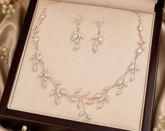 Leaf Vine Bridal Jewelry Set with Cubic Zirconia Necklace and Dangle Earrings And Bracelet
