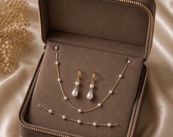 Pearl Bridal Jewelry Set, Gold Plated Wedding Necklace Earrings Bracelet Set, CZ Crystal Bride Jewelry, Dainty Wedding Jewelry Gift