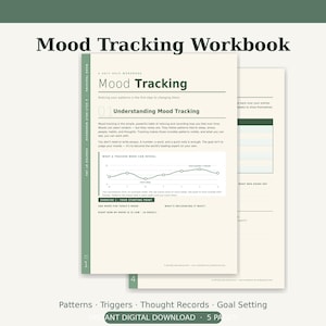 May include: A Mood Tracking Workbook with a cream-colored background and dark green text. The pages feature sections titled Understanding Mood Tracking, a line graph, and exercises for recording daily moods, patterns, triggers, and thought records.