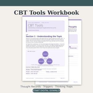 Peut inclure: Un cahier d'exercices CBT Tools avec une mise en page blanche et violette, incluant le titre CBT Tools, Understanding & reshaping the thoughts behind how you feel, Section 1 Understanding the Topic, et un diagramme du cycle CBT avec pensées, comportements et sentiments.