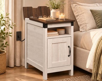 Charging Station End Table, Farmhouse Nightstand with Storage, Narrow Side Table with USB Ports, Wooden Bedside Cabinet for Bedroom