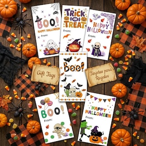 Puede incluir: Una colección de etiquetas de regalo rectangulares para Halloween con ilustraciones de fantasmas, calabazas, momias, esqueletos y el monstruo de Frankenstein, incluyendo textos como "Boo!", "Trick or Treat" y "Happy Halloween" y una línea "From:".