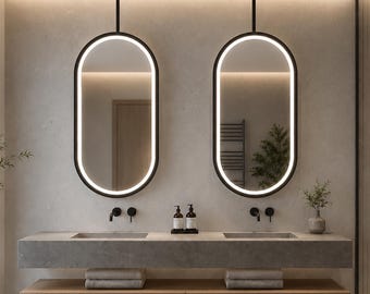 LED Lighted Pill Shape Mirror, Oval Ceiling Suspended Mirror, Black Metal Frame, Capsule Design