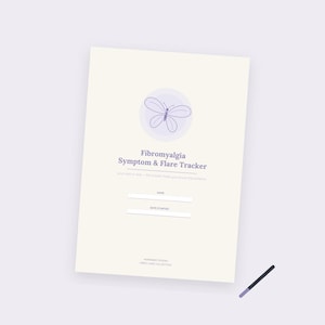 May include: A cream-colored tracker sheet featuring a purple butterfly icon, the text Fibromyalgia Symptom & Flare Tracker, a subtitle, two blank lines for name and date, and the text Hopenest Studio Fibro-Care Collection with a stylus.