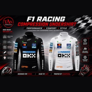 May include: Two long-sleeve mock neck compression undershirts, one black and one white, featuring various sponsor logos including Dell Technologies, OKX, and Richard Mille. The shirts display F1 RACING COMPRESSION UNDERSHIRT text and graphics.