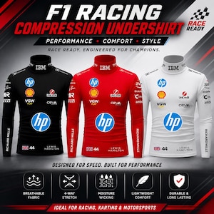 May include: Three long-sleeve compression undershirts in black, red, and white, featuring mock necks, F1 racing branding, and sponsor logos including HP, IBM, and Shell. Text includes F1 RACING COMPRESSION UNDERSHIRT, RACE READY, and LEWIS HAMILTON.