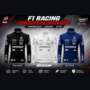 Puede incluir: Tres camisetas de compresión de manga larga en negro, blanco y azul, cada una con cuello alto, el logotipo de Puma y varias marcas de patrocinadores como Petronas, UBS e Ineos. Cada camiseta muestra la bandera italiana y el número 12.