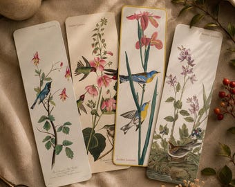 Vintage Bird Botanical Bookmarks | Set of 4 Matte Cardstock Art Prints