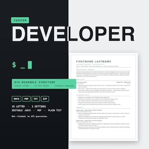 Junior Software Developer Resume Template Word & Google Docs, ATS Entry Level Tech Resume, Junior Engineer CV, Instant Download