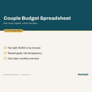 Könnte beinhalten: Eine digitale Haushaltsbudget-Tabelle für Paare mit dunkelblaugrünem Kopfbereich und cremefarbenem Hintergrund. Der Text umfasst Couple Budget Spreadsheet, Plan money together, without the fights, Excel & Google Sheets sowie Funktionen wie Fair split, Shared goals und One clear monthly overview. Der Markenname klarblatt steht in der Ecke.