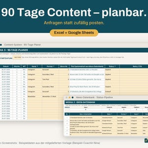 Content Planer Deutsch 90 Tage | Google Sheets & Excel | Content Kalender, Ideen-Datenbank, KI-Prompts | Coaches + Selbstständige